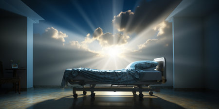 Hospital bed in a room with sun raysの素材