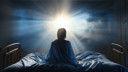 Hospital bed in a dark room with sunlight shining through the windowの素材