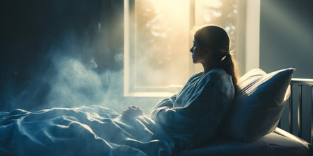 Woman in bed with blue blanket against blue sky with clouds and sunの素材