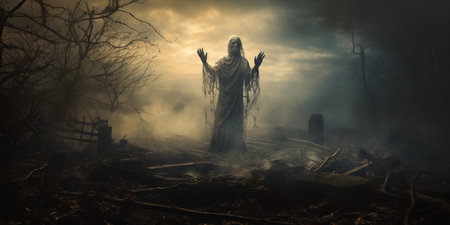 Creepy Halloween scene with the image of the virgin Mary in the forestの素材