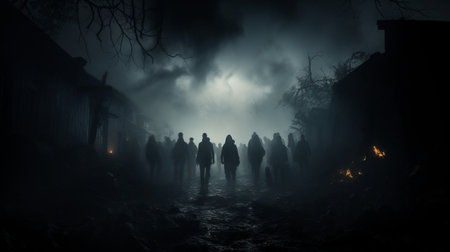 Silhouette of a group of zombies in a dark forest at night. Horror Halloween concept.の素材