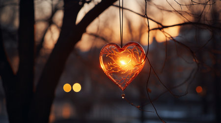 Sparkle Glowing Heart reflected lights, orange and gold, captivating visual, Romantic scenery, dreamy, copy space, greeting card, AI Generativeの素材
