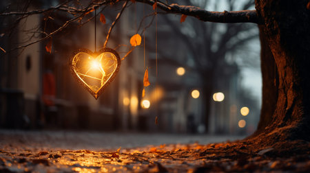 Sparkle Glowing Heart reflected lights, orange and gold, captivating visual, Romantic scenery, dreamy, copy space, greeting card, AI Generativeの素材