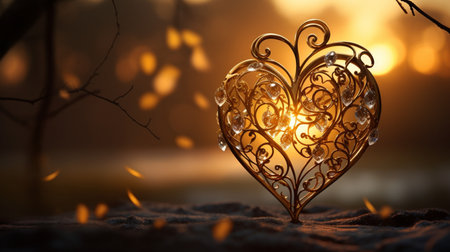 Sparkle Glowing Heart reflected lights, orange and gold, captivating visual, Romantic scenery, dreamy, copy space, greeting card, AI Generativeの素材