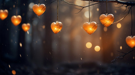 Sparkle Glowing Heart reflected lights, orange and gold, captivating visual, Romantic scenery, dreamy, copy space, greeting card, AI Generativeの素材