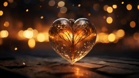 Sparkle Glowing Heart reflected lights, orange and gold, captivating visual, Romantic scenery, dreamy, copy space, greeting card, AI Generativeの素材