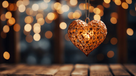 Sparkle Glowing Heart reflected lights, orange and gold, captivating visual, Romantic scenery, dreamy, copy space, greeting card, AI Generativeの素材