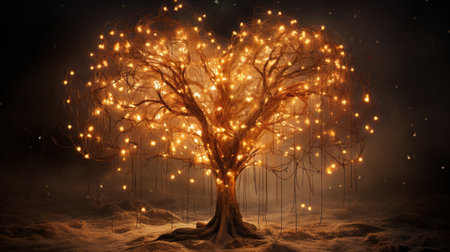 Sparkle Glowing Heart reflected lights, orange and gold, captivating visual, Romantic scenery, dreamy, copy space, greeting card, AI Generativeの素材
