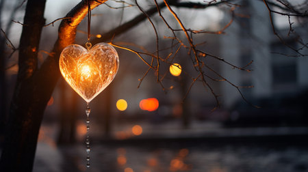 Valentine's Day background with heart shaped light bulb on tree branchの素材