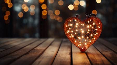Heart shaped Christmas lights on wooden planks with a bokeh backgroundの素材