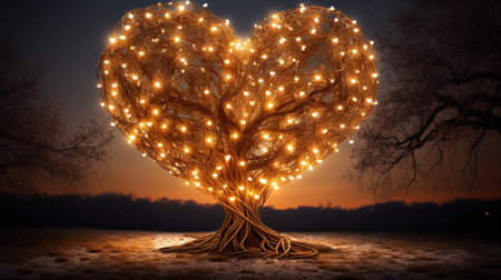Sparkle Glowing Heart reflected lights, orange and gold, captivating visual, Romantic scenery, dreamy, copy space, greeting card, AI Generativeの素材