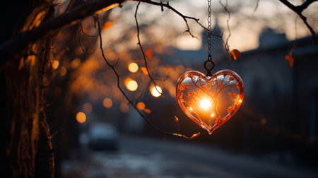 Heart shaped lantern on a tree in the street at sunset. Love conceptの素材