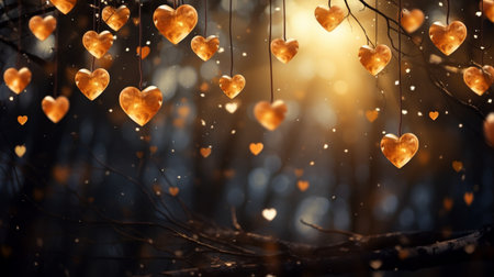 Heart-shaped lights in the forest. Valentine's day background.の素材