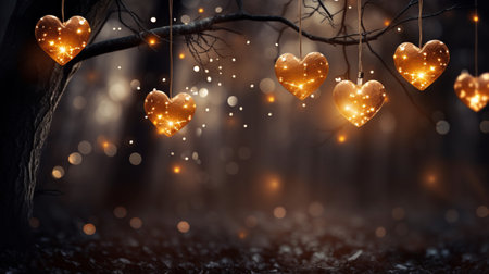 Valentine's Day background with hearts on tree branches and bokeh lightsの素材