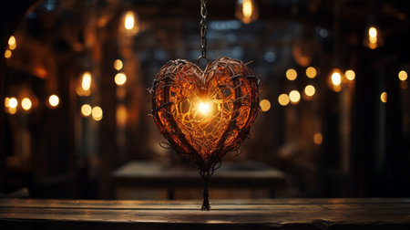 Heart shaped candle holder on a wooden table in a dark room.の素材