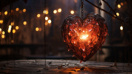 Romantic heart on a wooden table with bokeh background.の素材