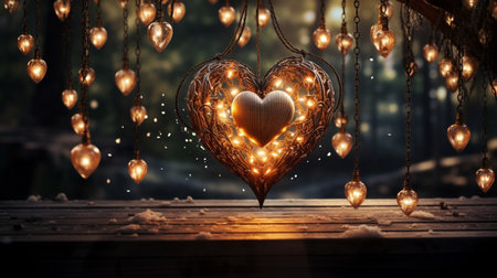 Heart shaped christmas decorations on wooden table with bokeh backgroundの素材