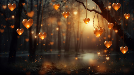 Hearts on a tree in the forest. Valentine's day backgroundの素材