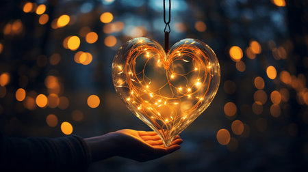 Female hand holding heart shaped christmas lights on bokeh backgroundの素材