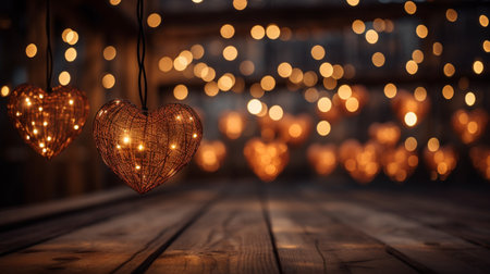 Heart-shaped lights on a wooden background. Valentine's Day.の素材