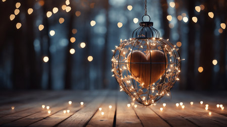 Valentines day background. Heart in cage on wooden floor with bokeh lights.の素材