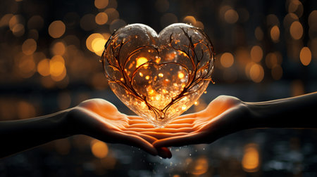 Heart shaped object in hands with bokeh background. Mixed mediaの素材