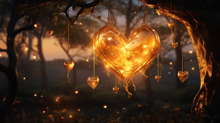 Sparkle Glowing Heart reflected lights, orange and gold, captivating visual, Romantic scenery, dreamy, copy space, greeting card, AI Generativeの素材