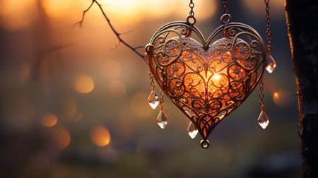 Sparkle Glowing Heart reflected lights, orange and gold, captivating visual, Romantic scenery, dreamy, copy space, greeting card, AI Generativeの素材