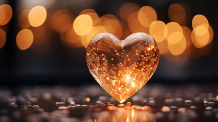 Sparkle Glowing Heart reflected lights, orange and gold, captivating visual, Romantic scenery, dreamy, copy space, greeting card, AI Generativeの素材