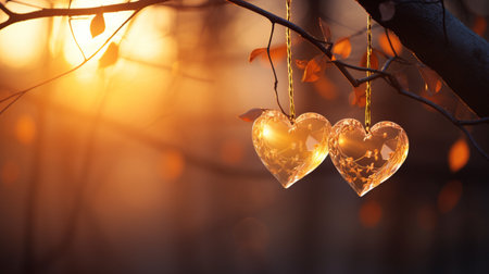 Sparkle Glowing Heart reflected lights, orange and gold, captivating visual, Romantic scenery, dreamy, copy space, greeting card, AI Generativeの素材