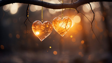 Sparkle Glowing Heart reflected lights, orange and gold, captivating visual, Romantic scenery, dreamy, copy space, greeting card, AI Generativeの素材