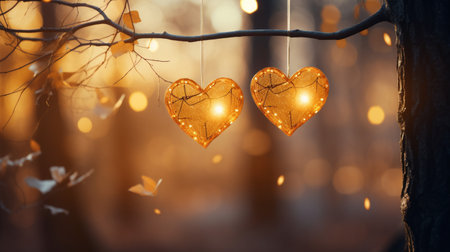 Sparkle Glowing Heart reflected lights, orange and gold, captivating visual, Romantic scenery, dreamy, copy space, greeting card, AI Generativeの素材
