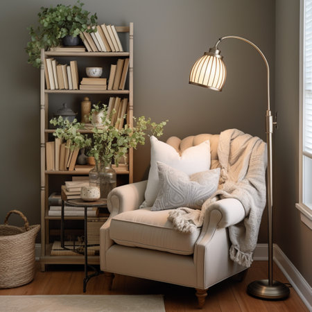 Cozy reading nook plush armchair, bookshelf filled with books of all genres, reading time, elegant interior design, modern house design conceptの素材