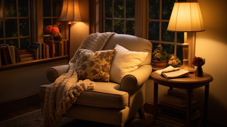 Cozy reading nook plush armchair, bookshelf filled with books of all genres, reading time, elegant interior design, modern house design conceptの素材