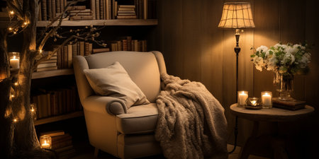 Cozy reading nook plush armchair, bookshelf filled with books of all genres, reading time, elegant interior design, modern house design conceptの素材