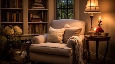 Cozy reading nook plush armchair, bookshelf filled with books of all genres, reading time, elegant interior design, modern house design conceptの素材