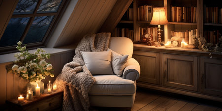 Cozy reading nook plush armchair, bookshelf filled with books of all genres, reading time, elegant interior design, modern house design conceptの素材