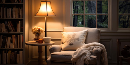 Cozy reading nook plush armchair, bookshelf filled with books of all genres, reading time, elegant interior design, modern house design conceptの素材