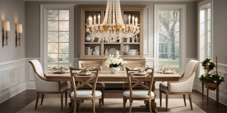 Luxurious furnished dining room, glamour dining area, elegant interior design, modern house design conceptの素材