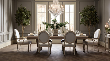 Luxurious furnished dining room, glamour dining area, elegant interior design, modern house design conceptの素材