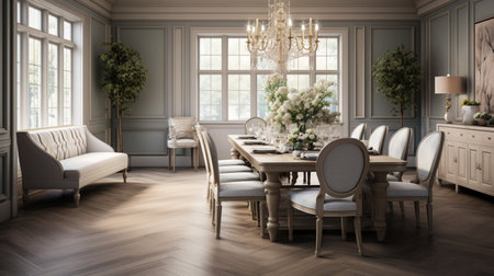 Luxurious furnished dining room, glamour dining area, elegant interior design, modern house design conceptの素材
