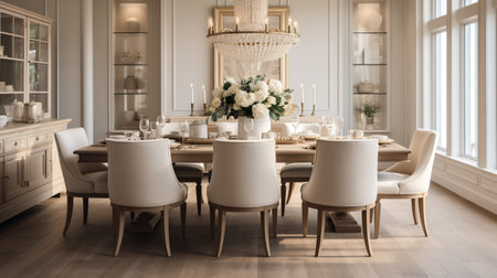 Luxurious furnished dining room, glamour dining area, elegant interior design, modern house design conceptの素材