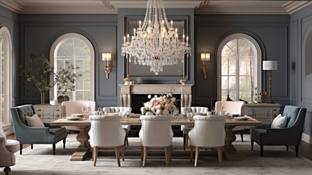 Luxurious furnished dining room, glamour dining area, elegant interior design, modern house design conceptの素材