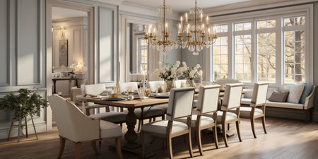 Luxurious furnished dining room, glamour dining area, elegant interior design, modern house design conceptの素材