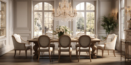 Luxurious furnished dining room, glamour dining area, elegant interior design, modern house design conceptの素材