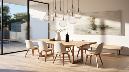 Minimal dining room, bright dining area, interior design, modern house design conceptの素材