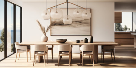 Minimal dining room, bright dining area, interior design, modern house design conceptの素材