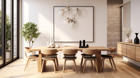 Minimal dining room, bright dining area, interior design, modern house design conceptの素材