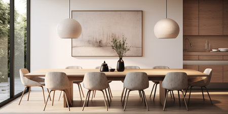 Minimal dining room, bright dining area, interior design, modern house design conceptの素材