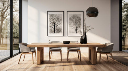Minimal dining room, bright dining area, interior design, modern house design conceptの素材
